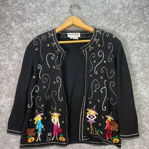 VTG Jack B Quick Cardigan Sweater Womens Medium Black Halloween Witch Cat Beaded